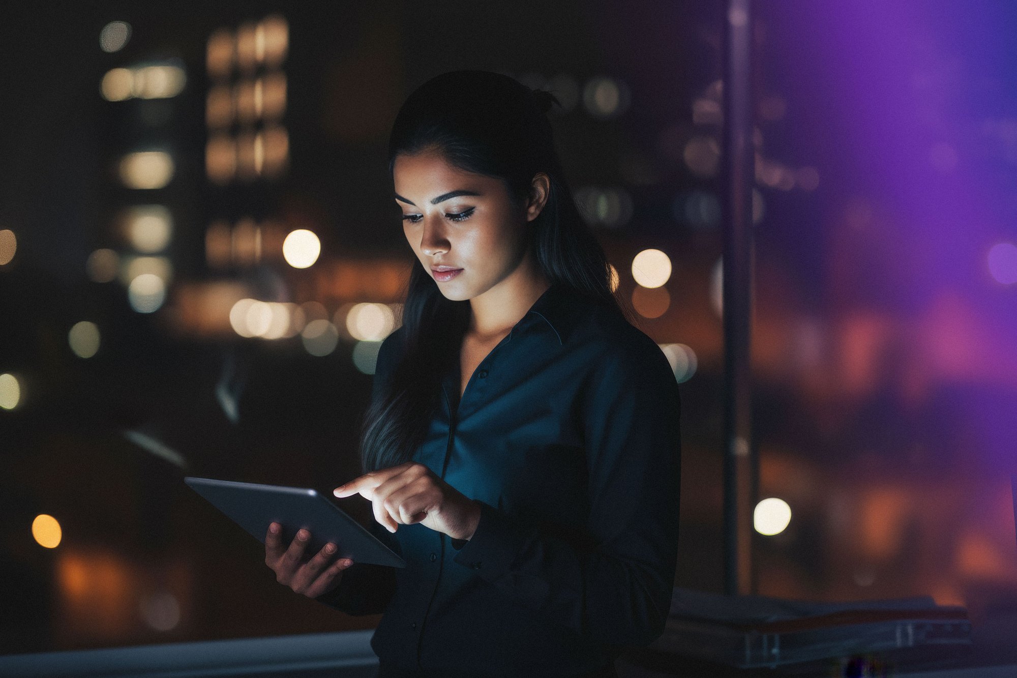 Woman-looking-in-surfpad-at-night