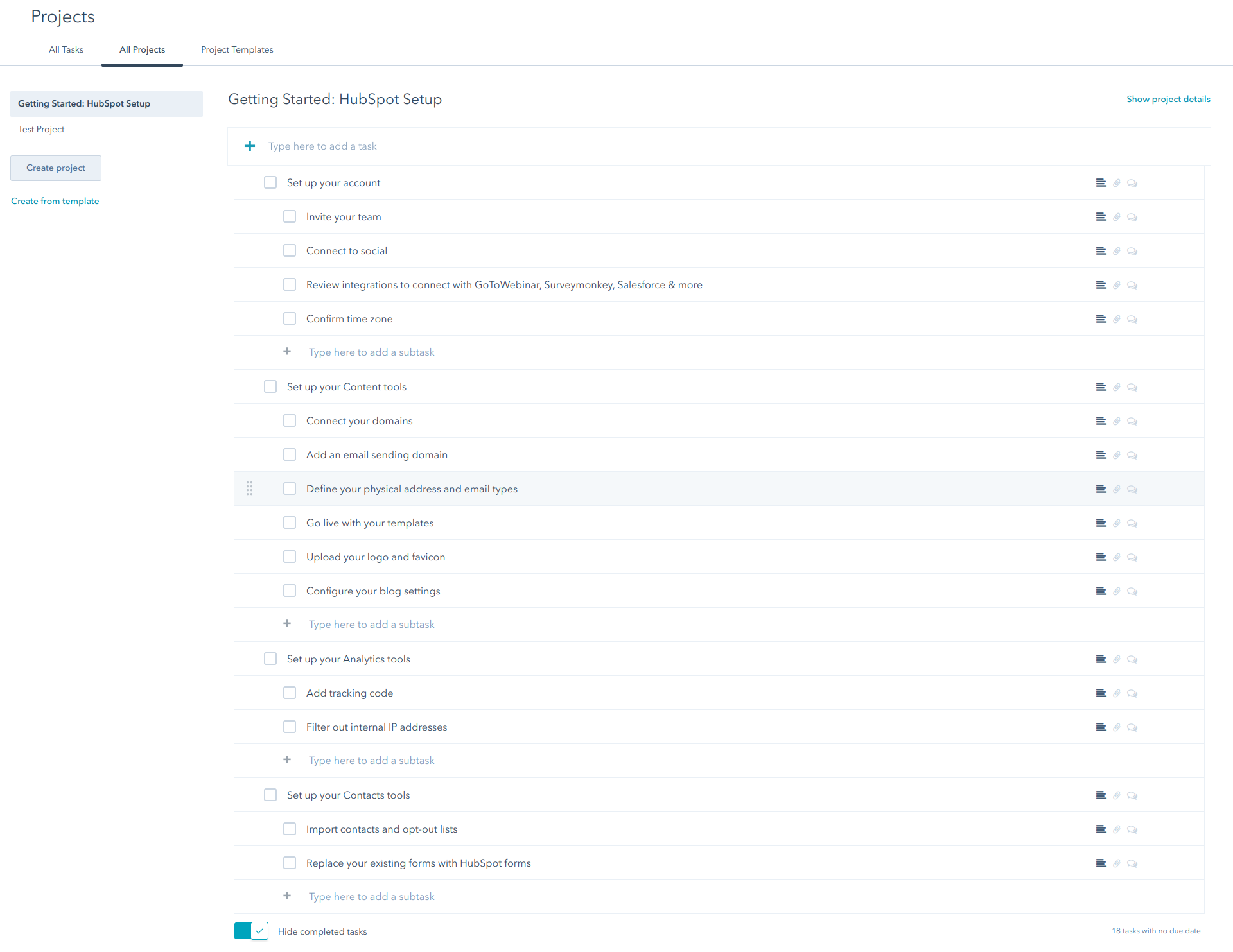 HubSpot Projects with a list of to do tasks