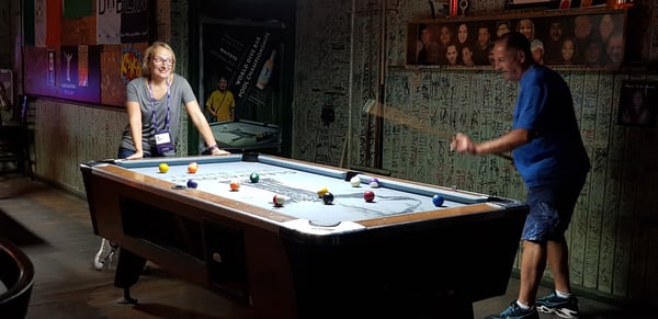 caz woman playing pool with jerrys mate man in croke park south boston street scene inbound 18