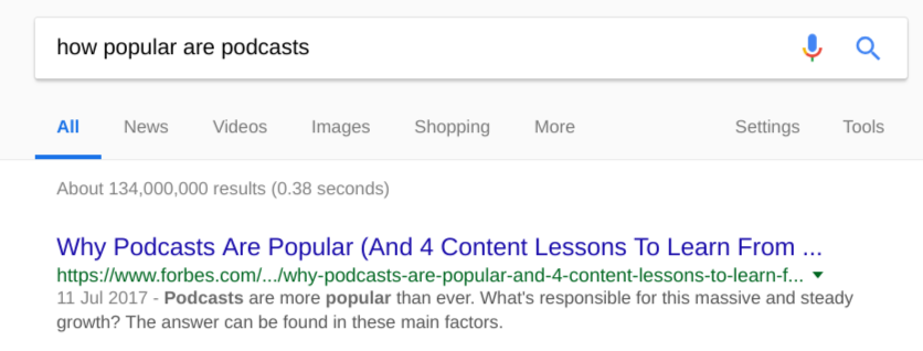 Google search of how popular are podcasts